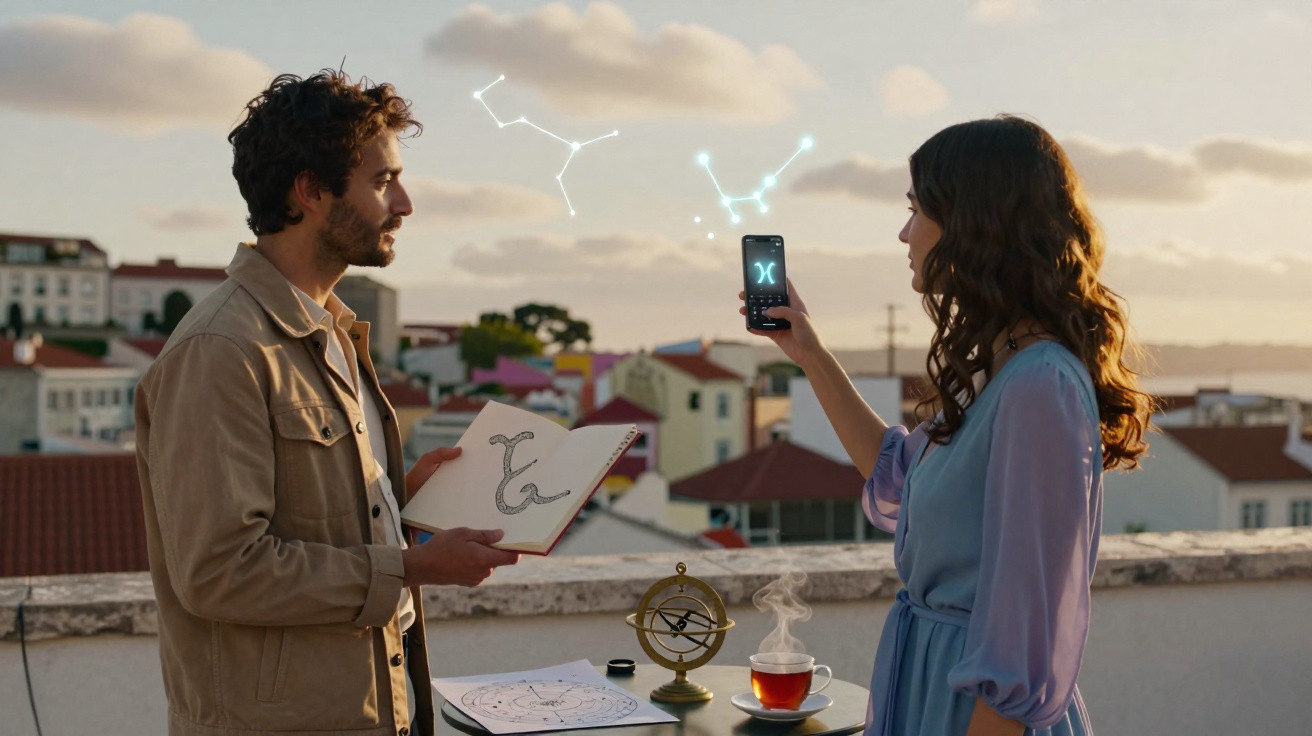 A man and woman study zodiac constellations outdoors with astrological tools at sunset.