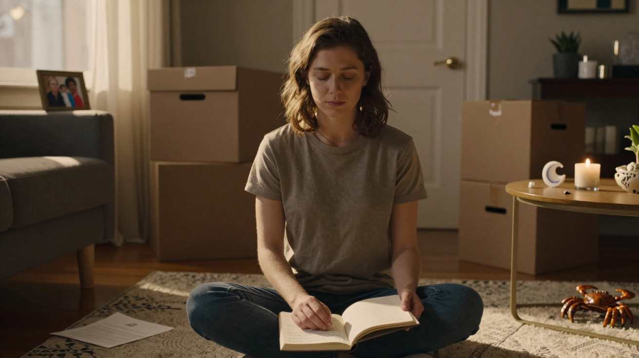 Woman sitting cross-legged on a carpet reading a book in a room with packed cardboard boxes and soft candlelight.