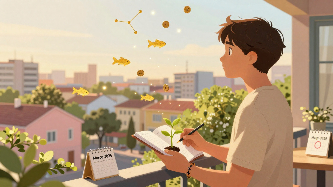 Young person on balcony holding notebook with growing plant, sketching floating golden fish and coins in cityscape.