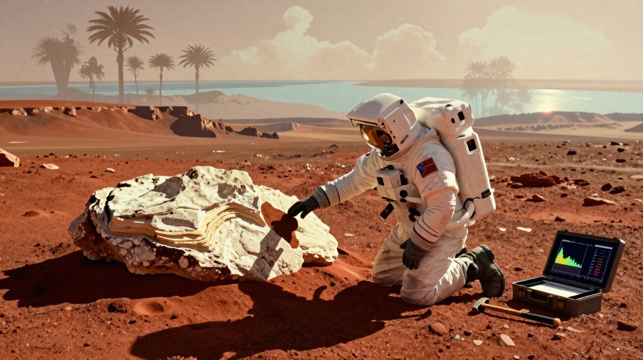 Astronaut kneeling on Mars examining a large rock with a laptop and hammer nearby at sunset.