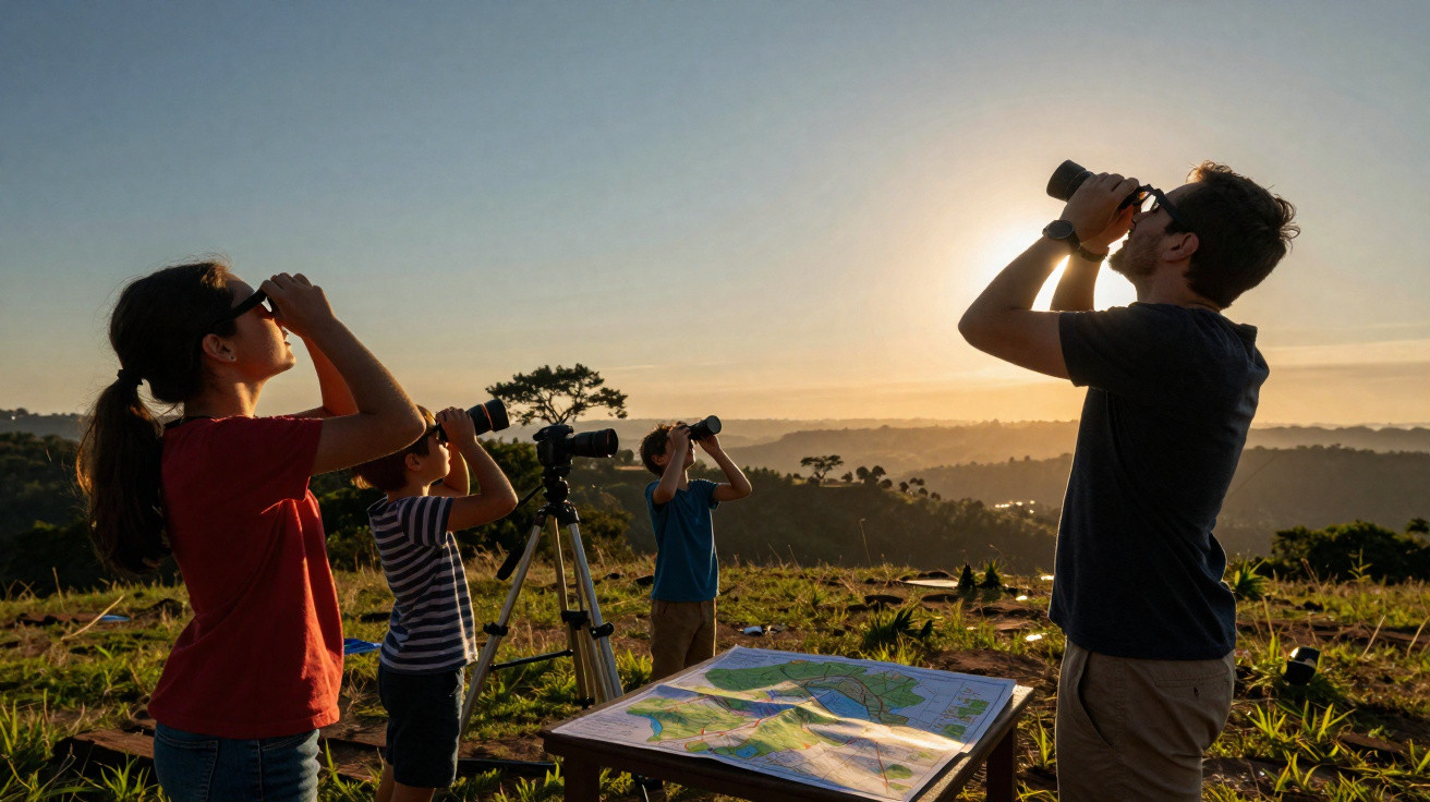 Group of people using binoculars and a telescope at sunset with a map on a table outdoors