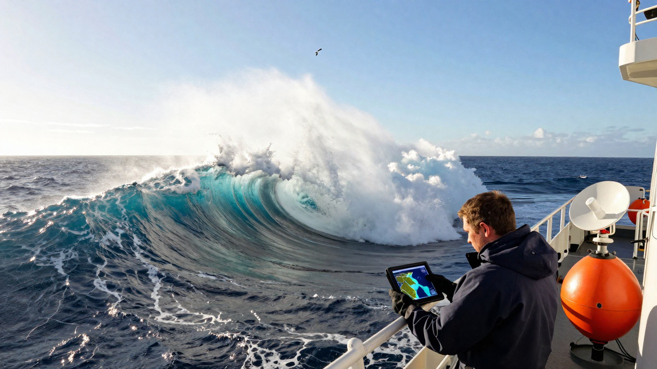 Person on ship using tablet to monitor technology while large ocean wave crashes nearby under clear blue sky.