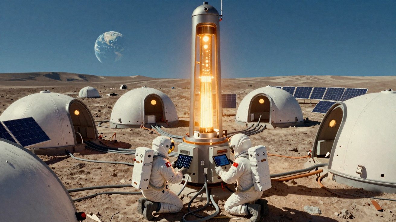 Two astronauts working on a glowing device in a lunar base with dome habitats and Earth visible in the sky.
