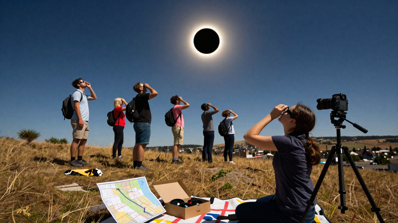 Group of people with eclipse glasses watching a total solar eclipse in a grassy field under clear sky