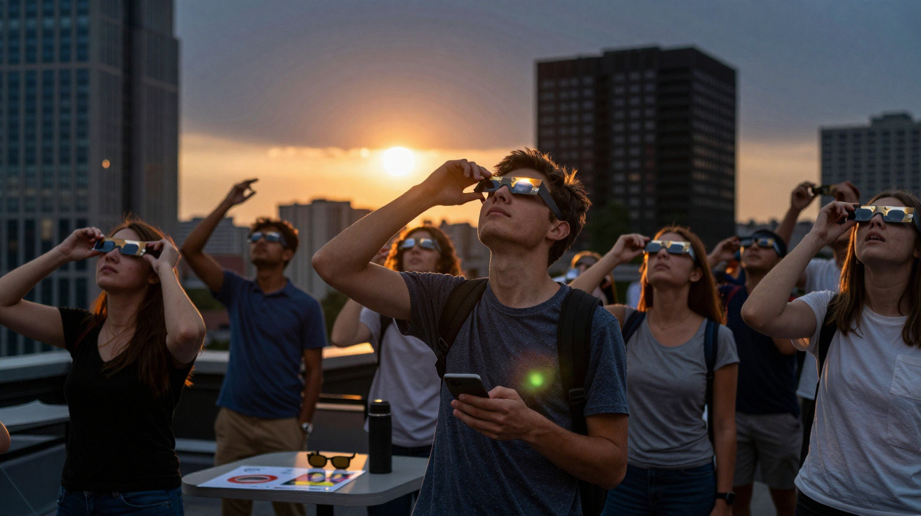 Group of people wearing solar eclipse glasses watching the sky during sunset on a rooftop in a city.