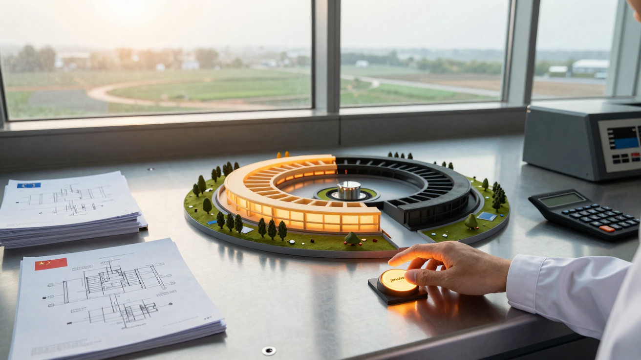 Architectural model of circular building with hand pressing illuminated button on desk with drawings and calculator.