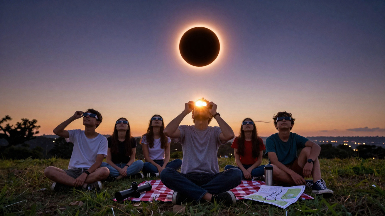 Group of six people wearing eclipse glasses watching a solar eclipse at sunset on a grassy hill.
