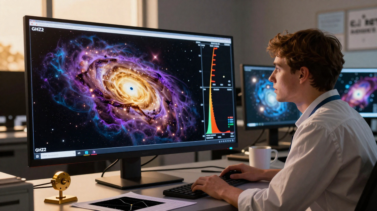 Scientist analysing a colourful spiral galaxy simulation on a computer in a modern office setting.