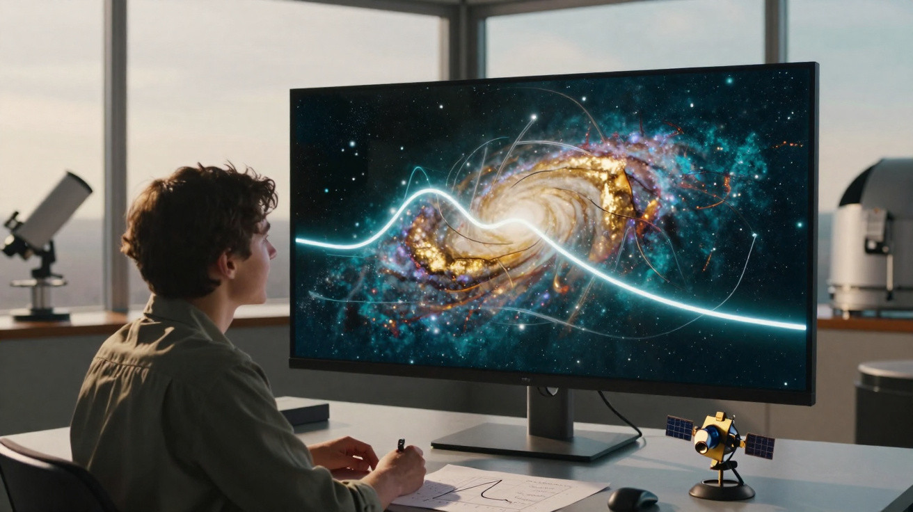 Person analysing a cosmic galaxy image with glowing lines on a large monitor in a modern observatory room.