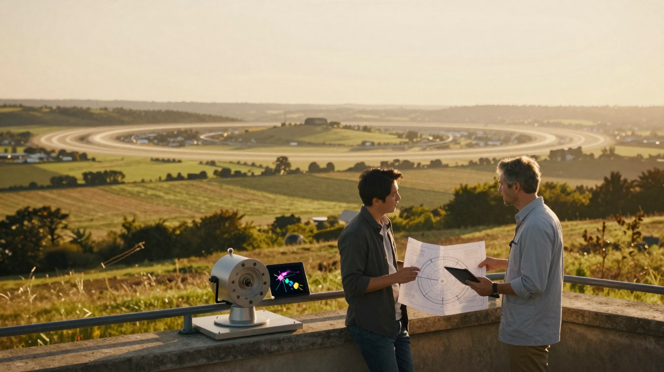 Two men discussing a map outdoors with a tech device, overlooking a large circular motorway and countryside at sunset.
