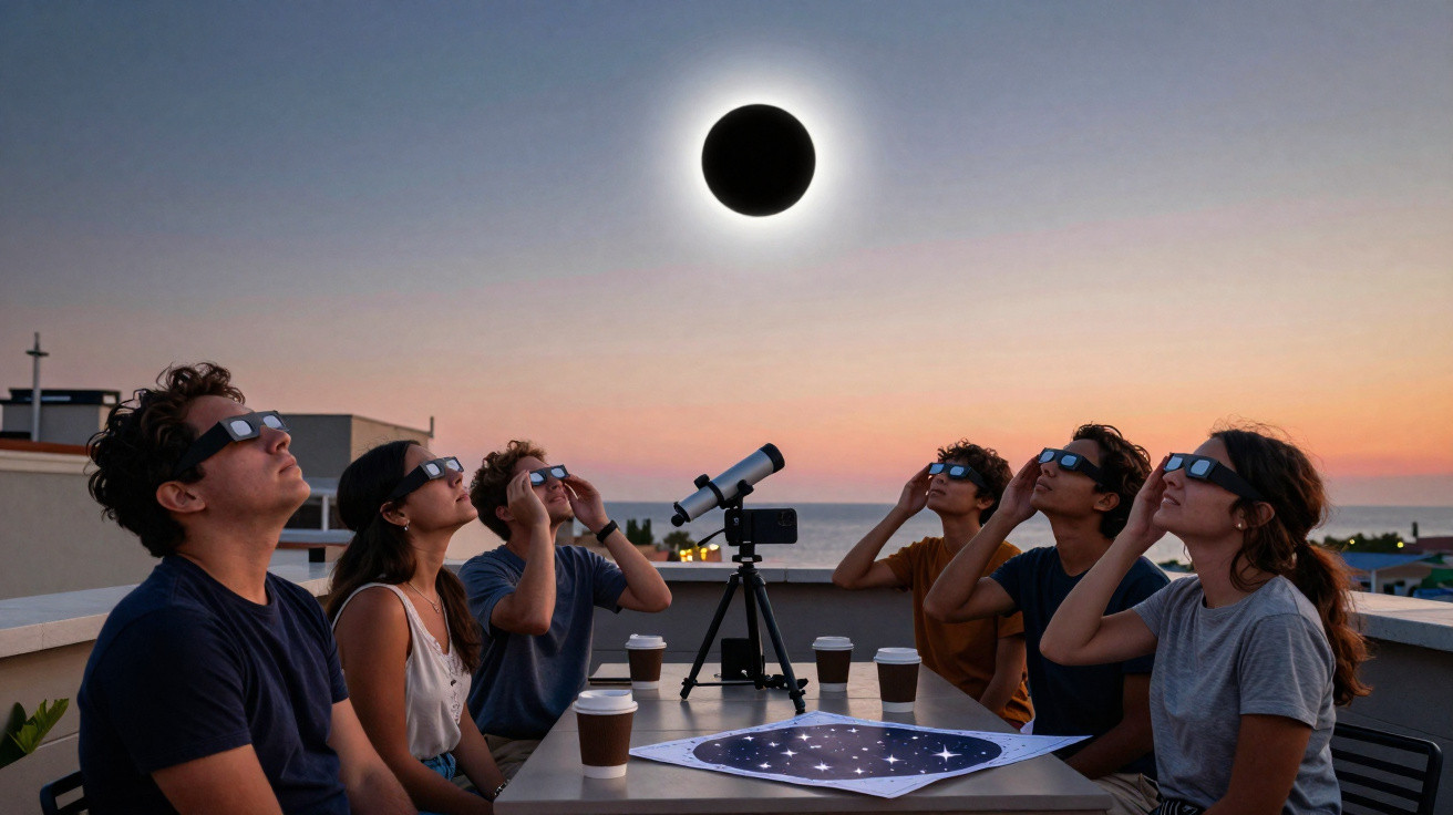 Group of people wearing eclipse glasses watching a solar eclipse from a rooftop at sunset.