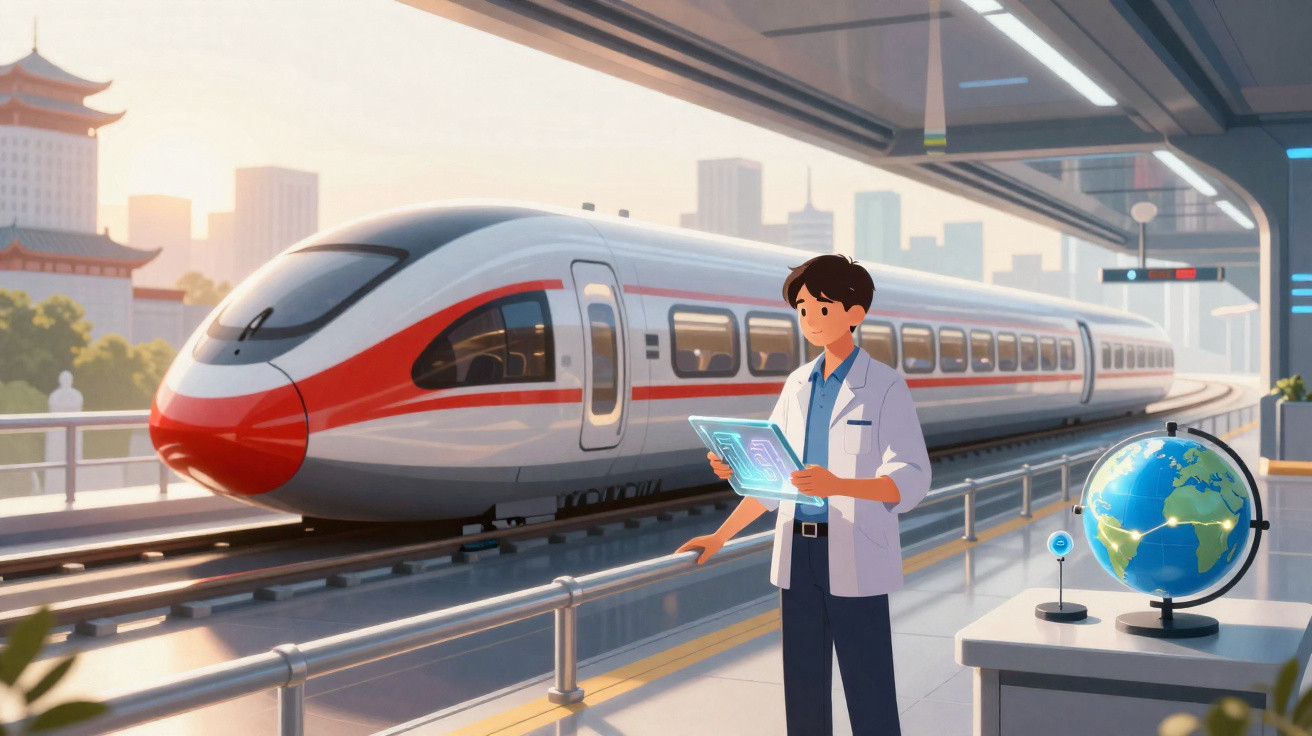 A scientist using a digital tablet beside a high-speed train at a modern outdoor station with a globe on a table.