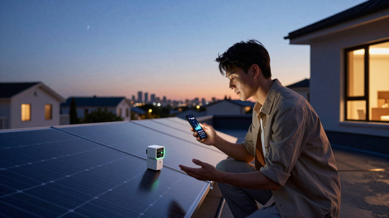 Man using smartphone to monitor solar panels on a rooftop at dusk with a city skyline in the background.