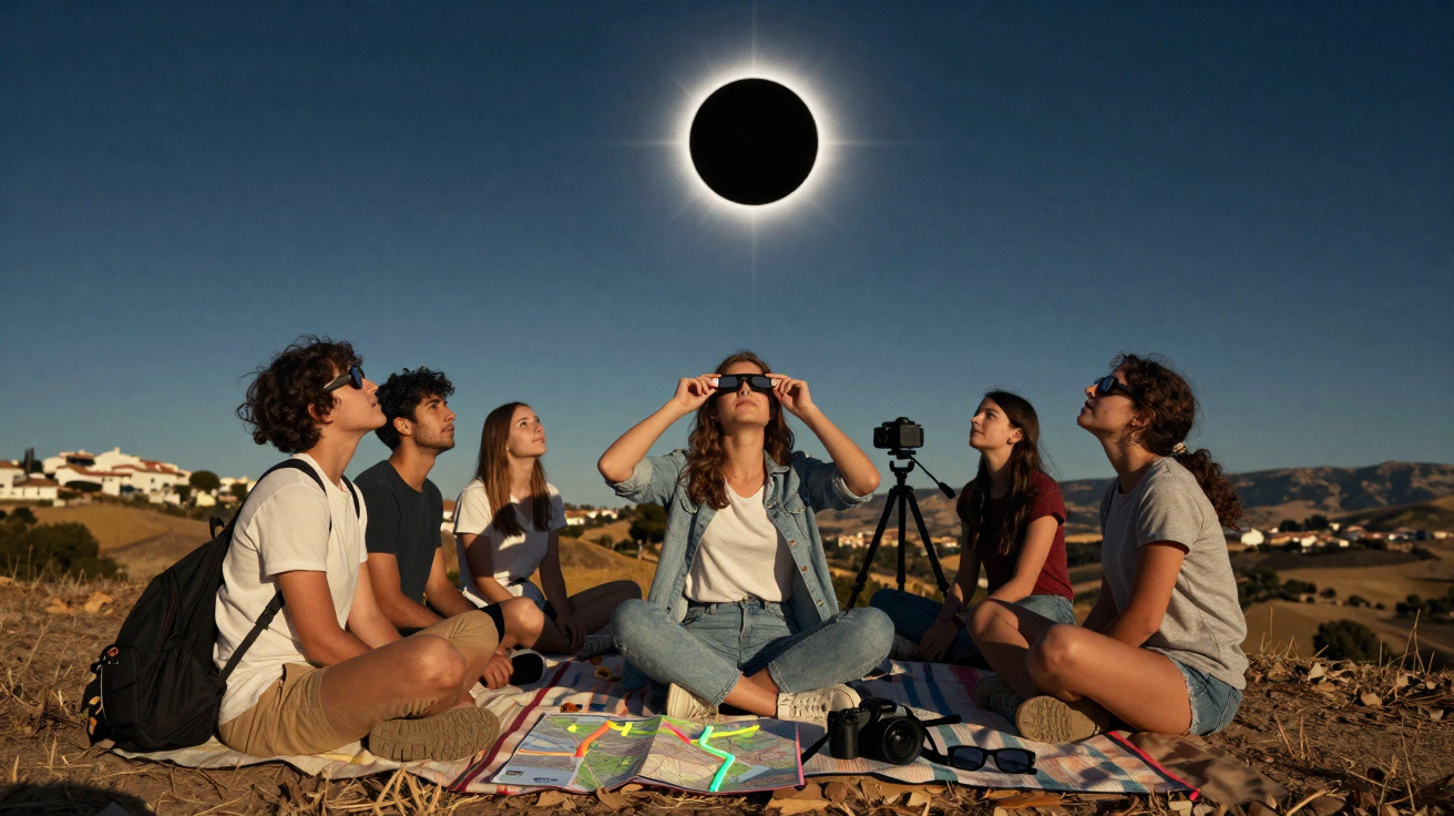 Group of six people sitting outdoors wearing eclipse glasses watching a total solar eclipse with camera equipment nearby.