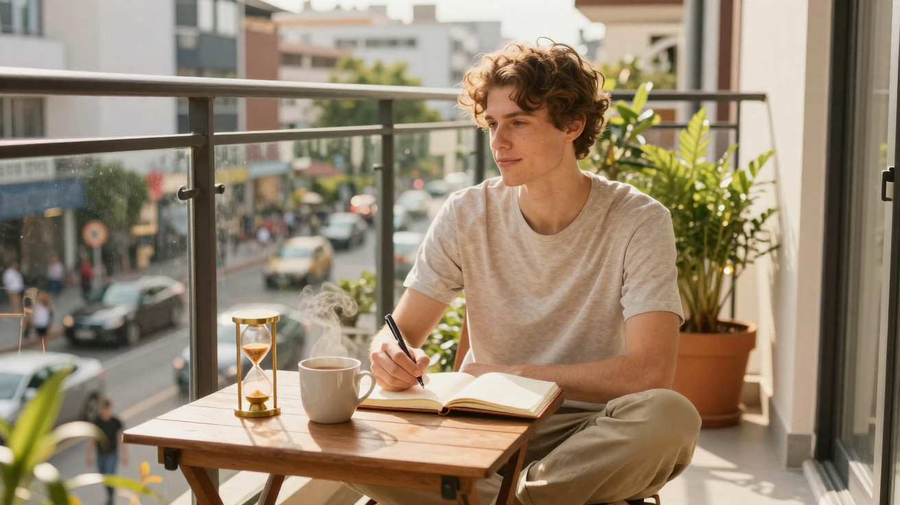 Young man writing in a notebook on a balcony table with a steaming cup and hourglass, overlooking a busy street.