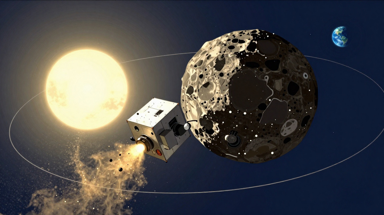 Space probe orbiting a cratered asteroid with the sun and Earth visible in the background.