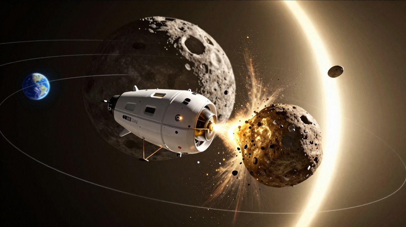 Spacecraft using laser to break apart an asteroid near the Moon with Earth in the distance