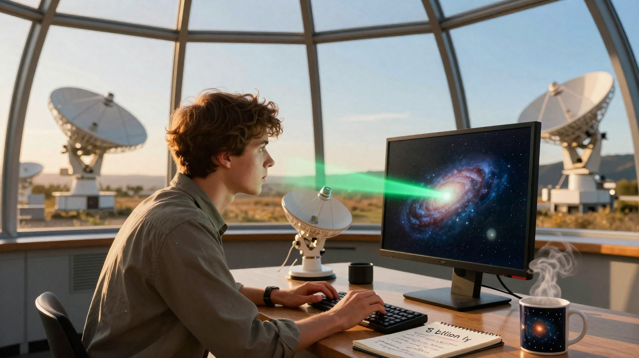 Young man in observatory studies galaxy on computer with green laser beam and satellite dishes outside.
