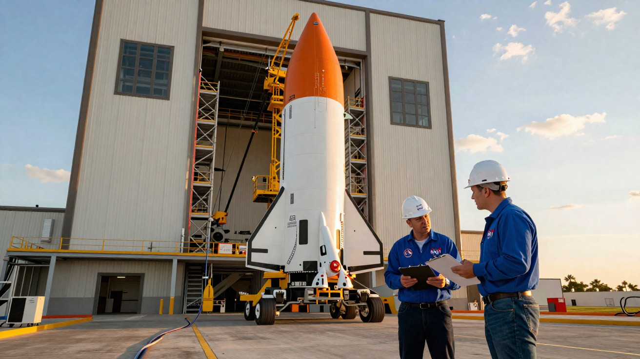 Two engineers in hard hats discussing plans next to a large space shuttle outside a hangar at sunset.