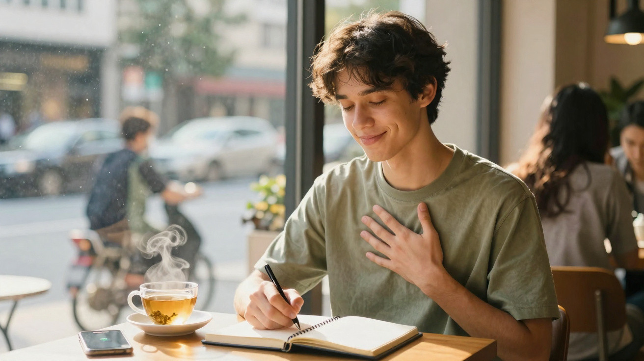 Young man writing in a notebook with a hand on his chest, sitting at a café table with a cup of tea.