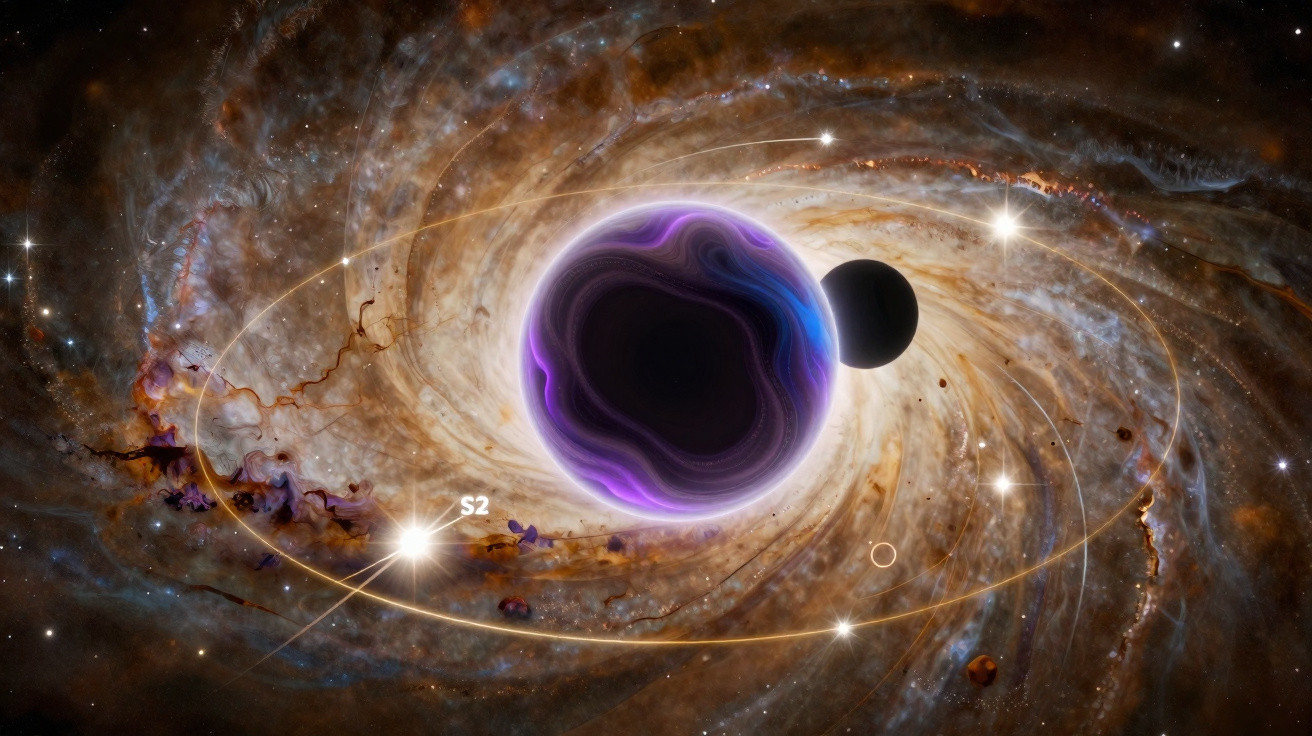 Swirling galaxy with a glowing purple-black planet and orbiting smaller celestial body against star-filled space.
