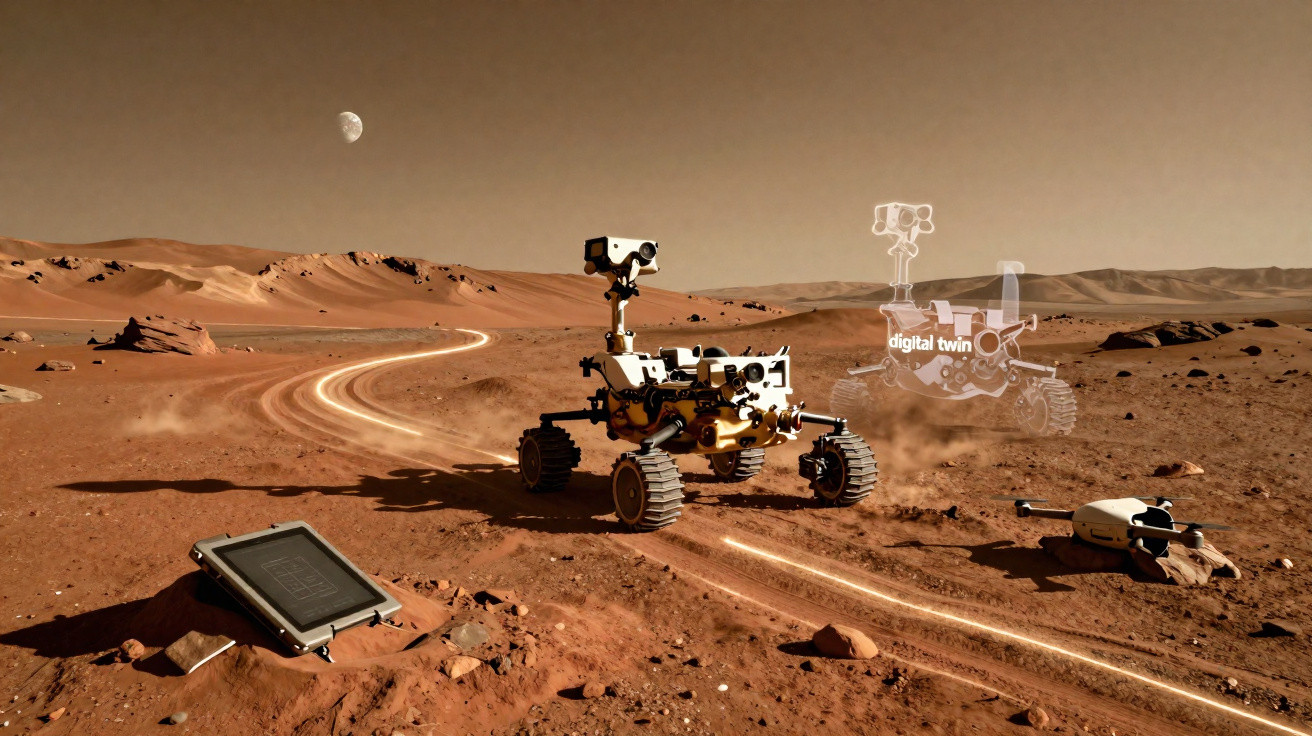 Mars rover exploring rocky red planet surface with digital twin hologram and distant moon in sky.