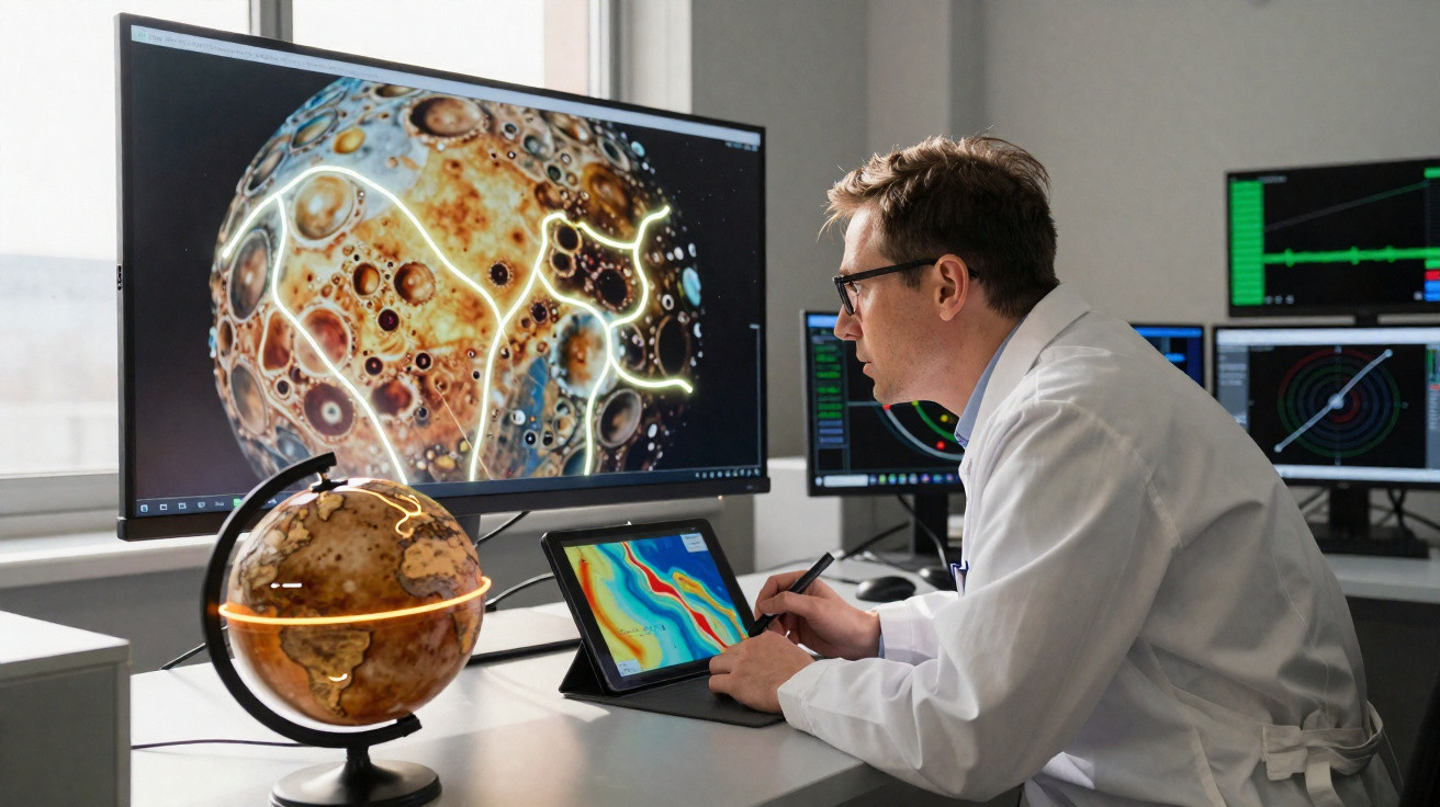 Scientist analysing planetary surface data on multiple screens with a digital globe and tablet in a lab.