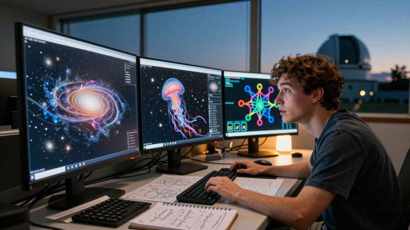 Young man analysing space images and scientific diagrams on three computer screens at a desk during dusk.