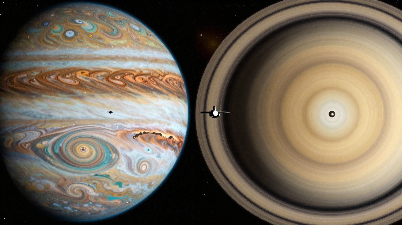 Two planets with colourful swirling patterns and rings, with a spacecraft flying between them in space.