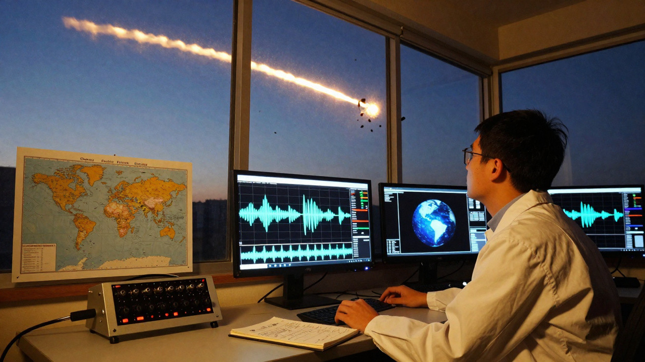 Scientist in lab coat monitors asteroid entering atmosphere on computer screens with world map on wall.