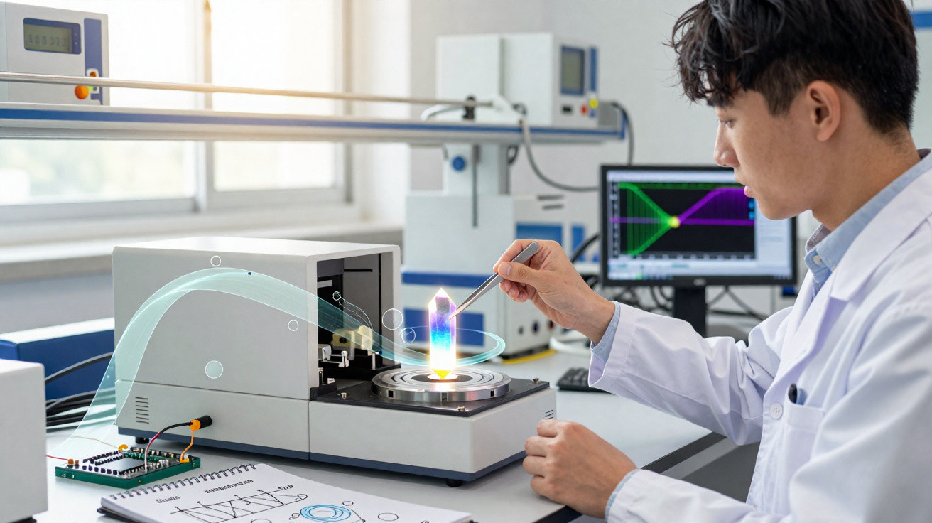 Scientist in lab coat using tweezers to examine a glowing crystal with scientific equipment and computer graphs nearby.