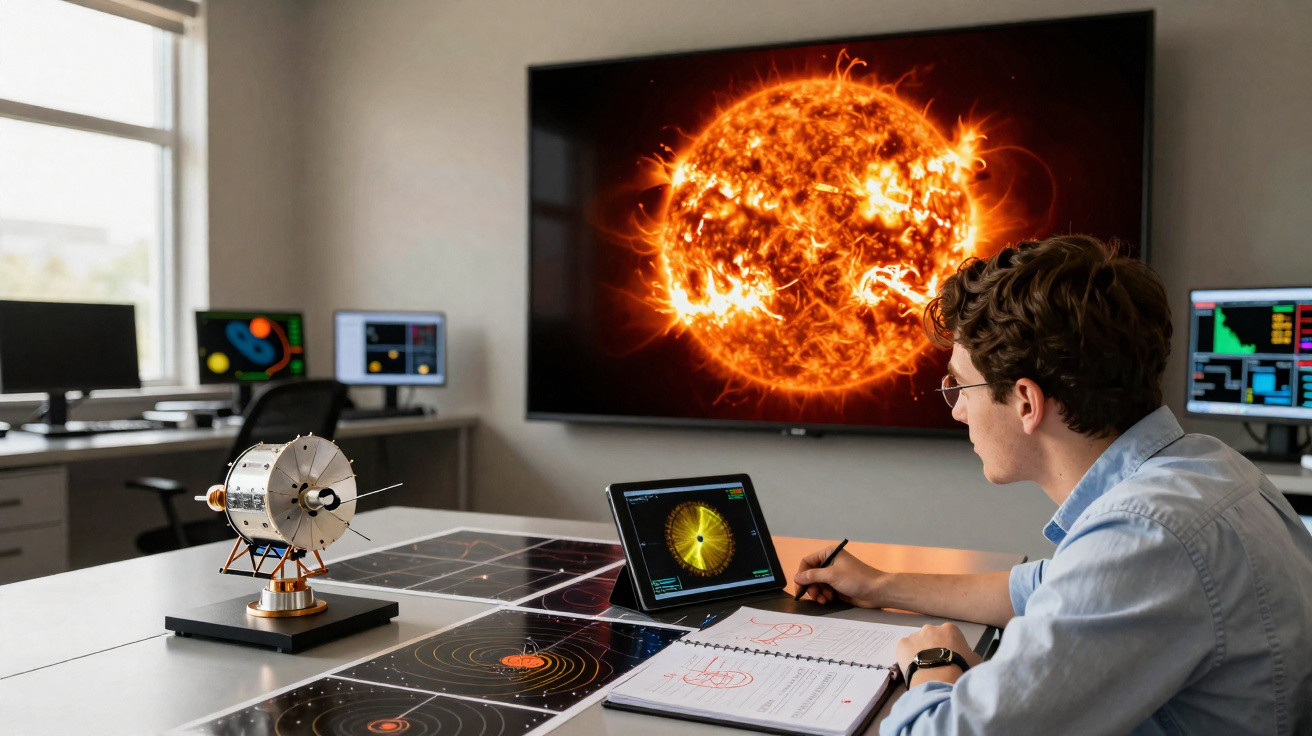 Scientist studying solar activity with spacecraft model, charts, and sun imagery in a research lab.