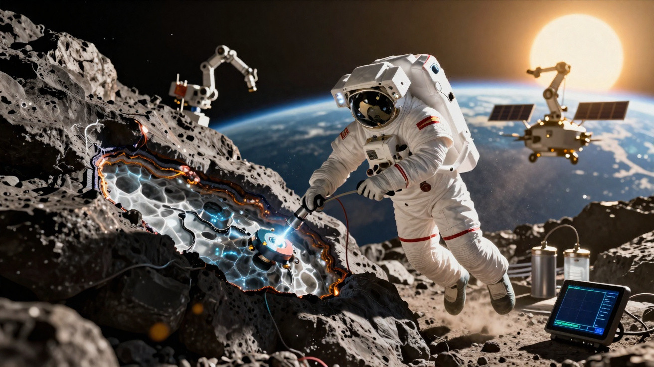 Astronaut in space suit mining rare minerals on an asteroid with Earth and the sun in the background.
