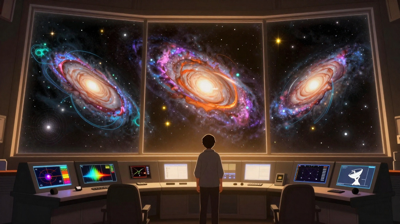 Person observing three vibrant spiral galaxies on large space observation screens in a control room.