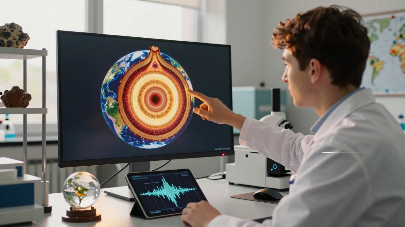 Scientist in lab coat pointing at Earth’s core cross-section on computer screen with seismic data on tablet.