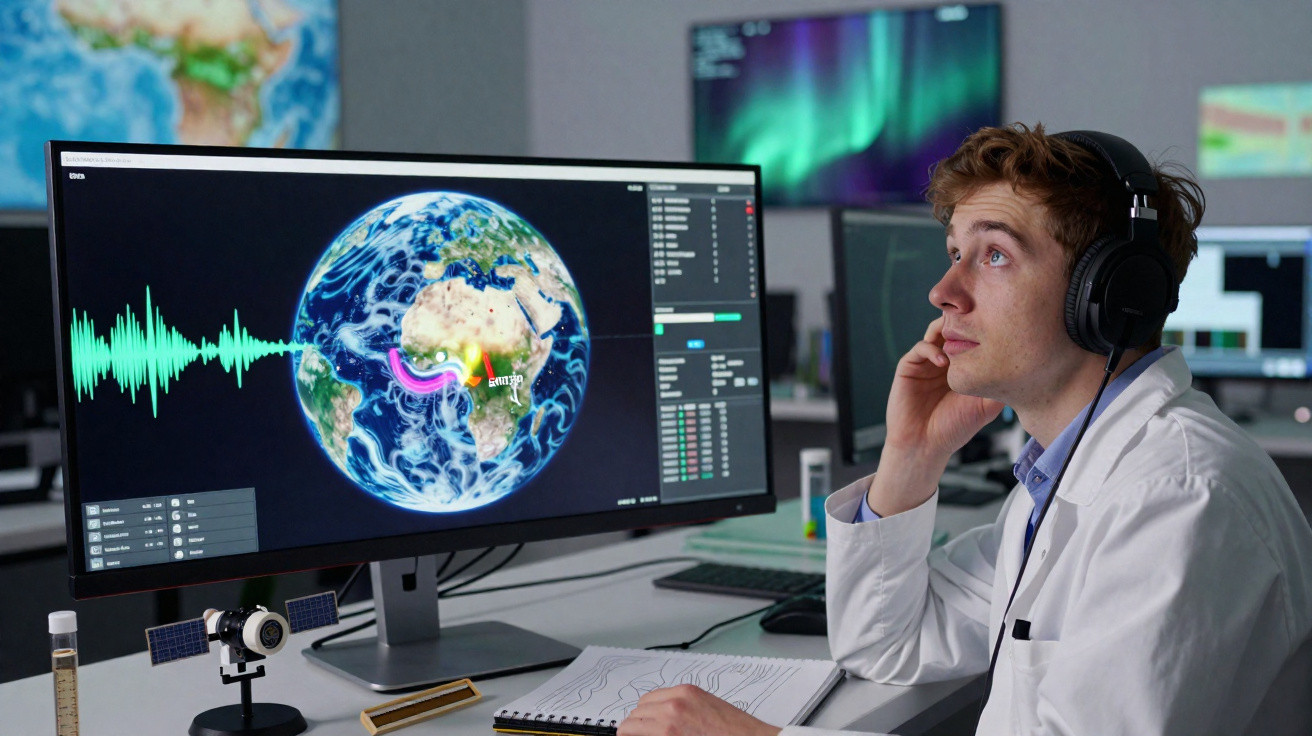 Scientist wearing headphones studies global data visualisation on a computer screen in a modern lab.