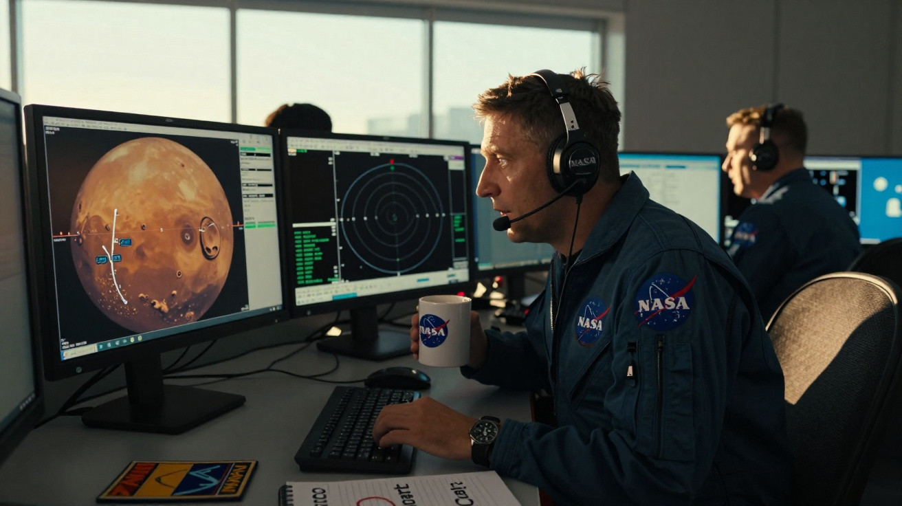 NASA mission control operators monitor Mars data on screens, one holding a NASA mug and wearing a headset.