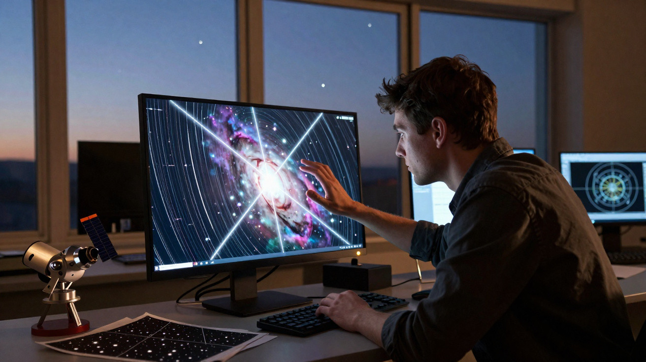 Man analysing a galaxy image on a computer screen in a dark room with a model telescope nearby.