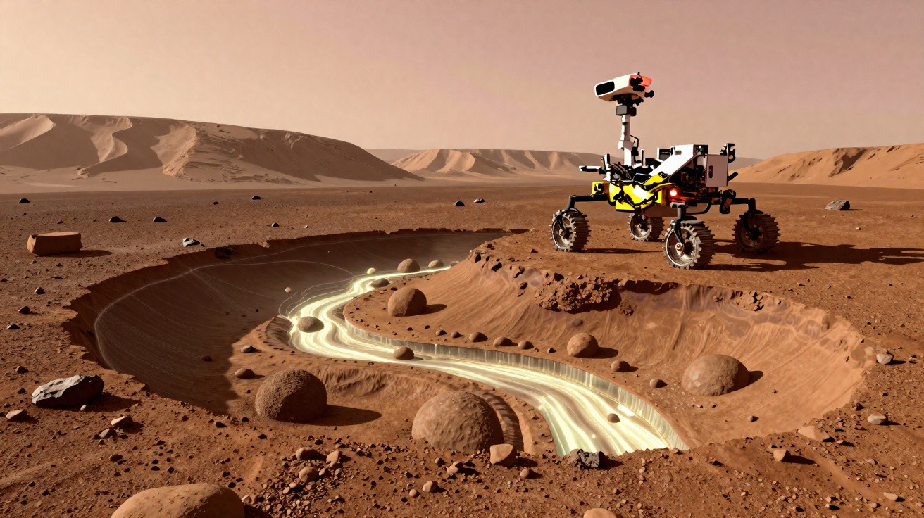 Mars rover exploring a rocky crater with glowing stream-like formations on the Martian surface.