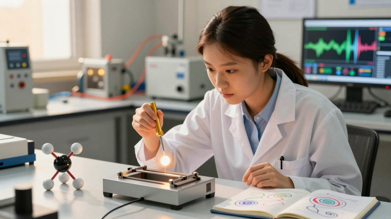 Scientist in lab coat conducting experiment with light source and equipment, molecular model and open notebook nearby.