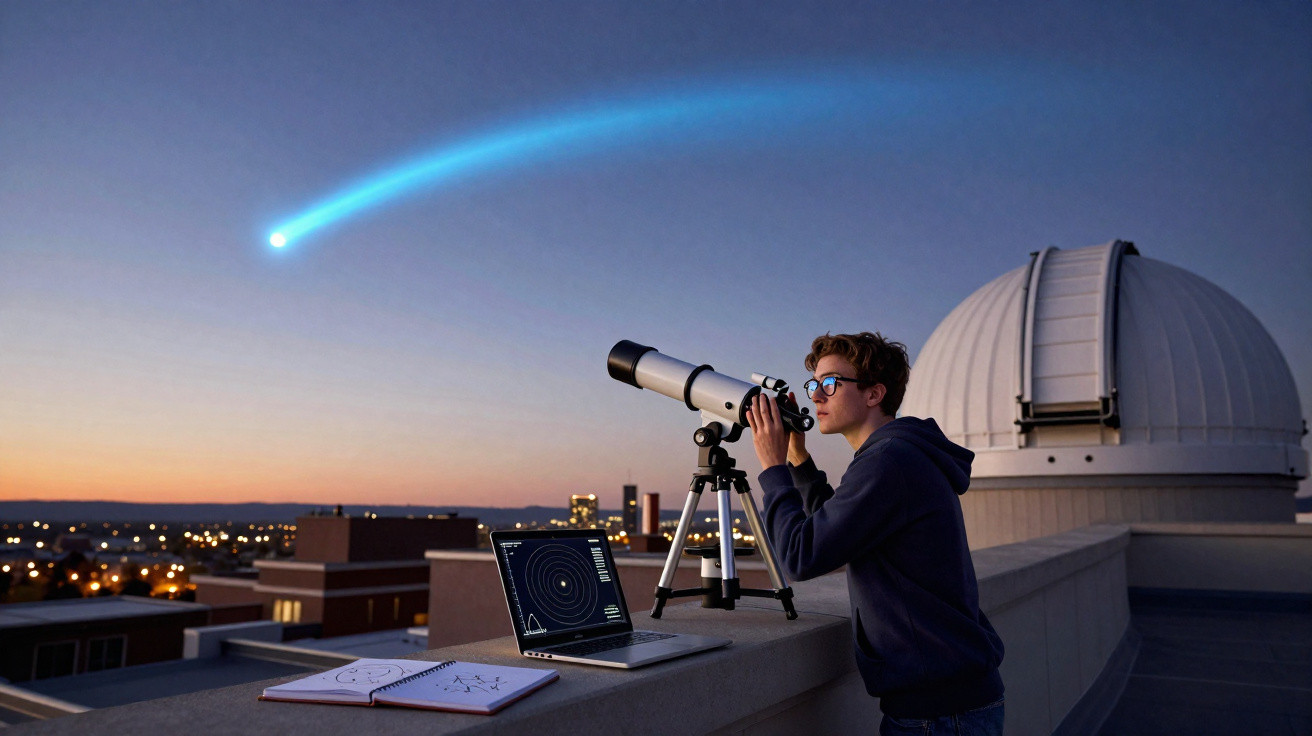 Teenager using a telescope on a rooftop observatory to view a bright comet in the twilight sky.