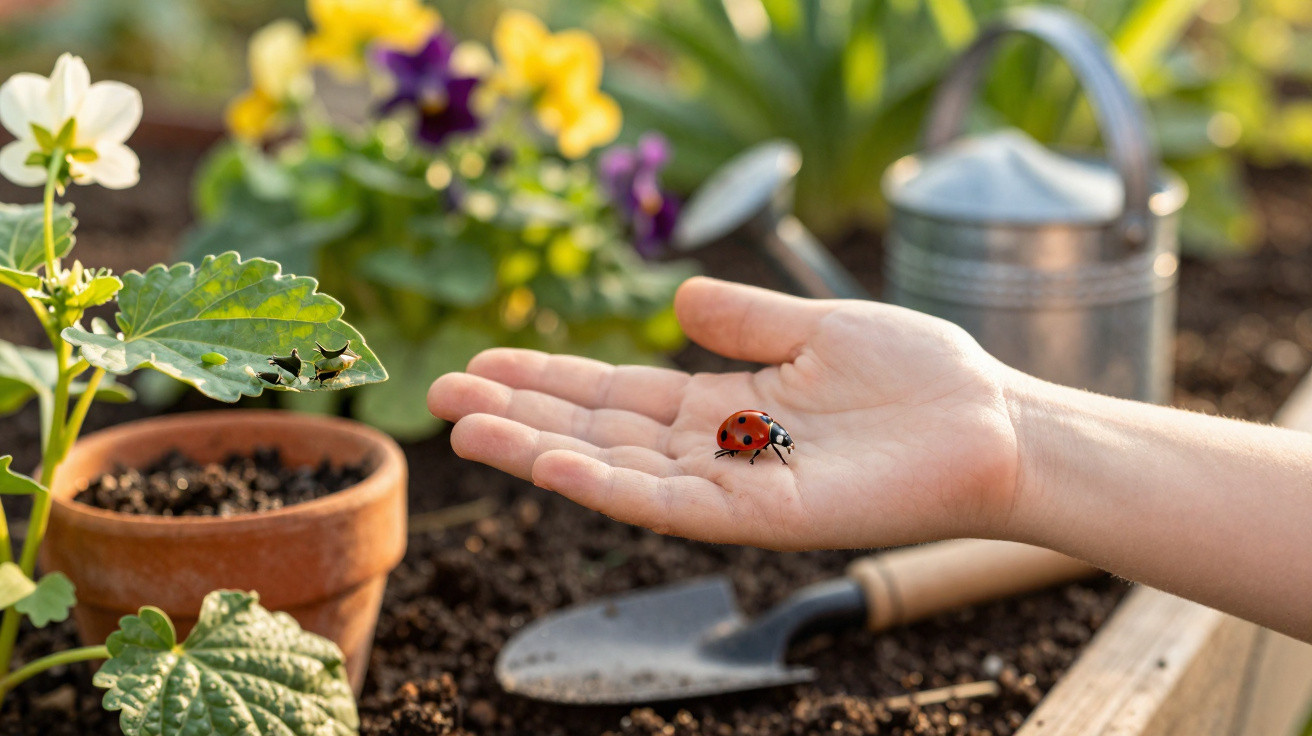 Close-up of a hand holding a ladybird in a garden with plants, gardening tools, and a watering can in the background.