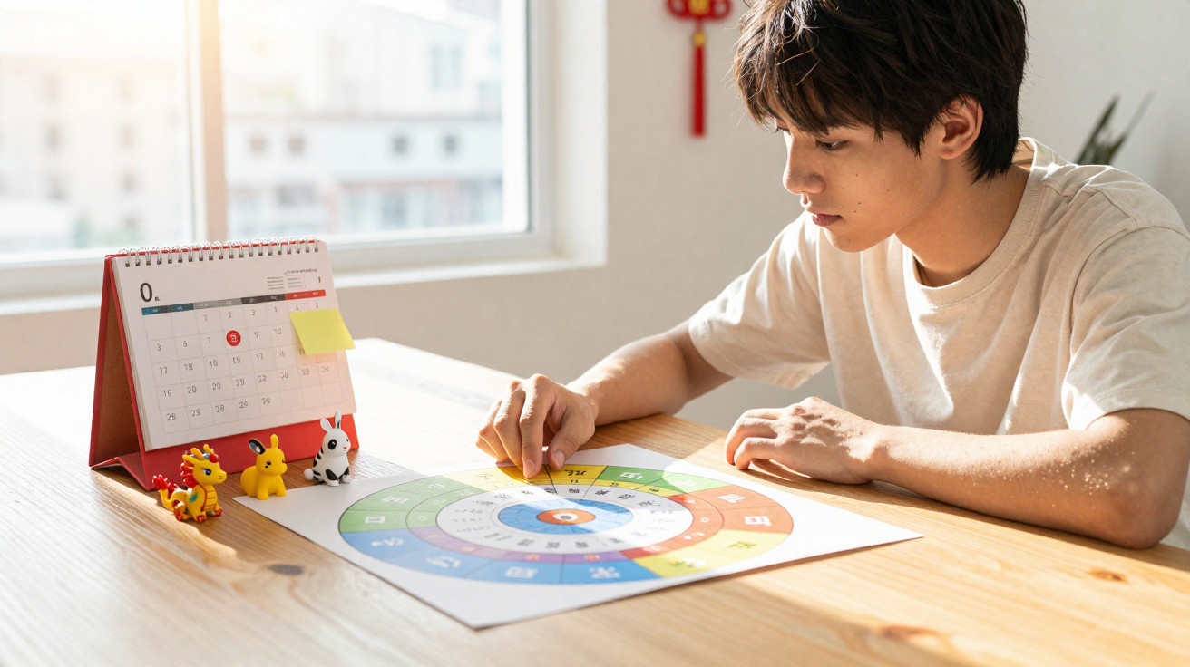 Young man sitting at a wooden table, studying a colourful circular chart next to a desk calendar and small figurines.