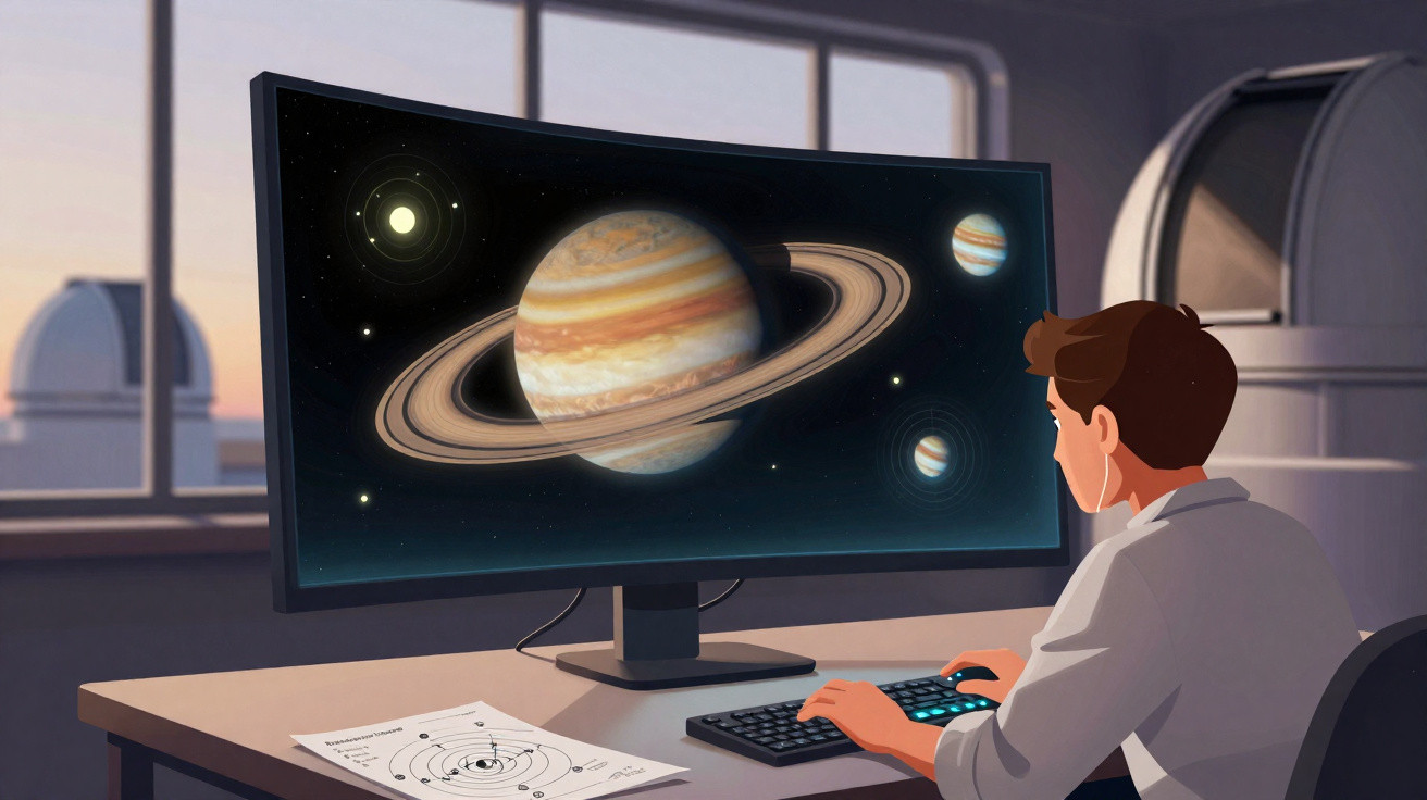Person studying planets on a computer screen in an observatory with telescopes in the background.
