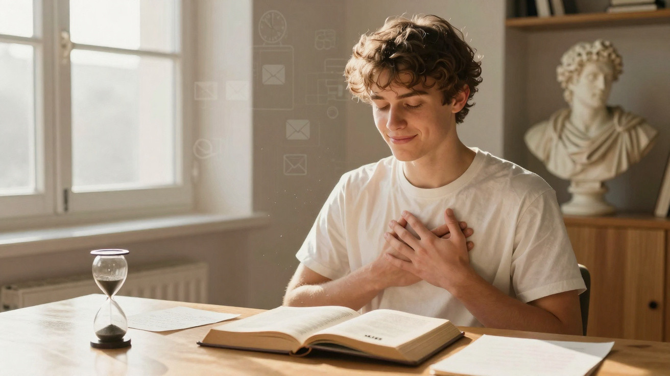 Young man sitting at a table with an open book, hands on chest, near a window and a classical bust in the background.