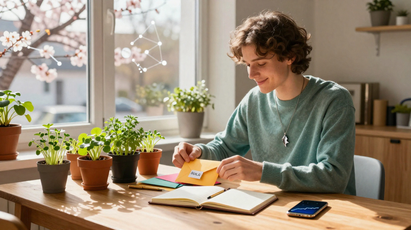 Young person sitting at wooden desk with plants, opening colourful envelopes and writing in notebook by window.