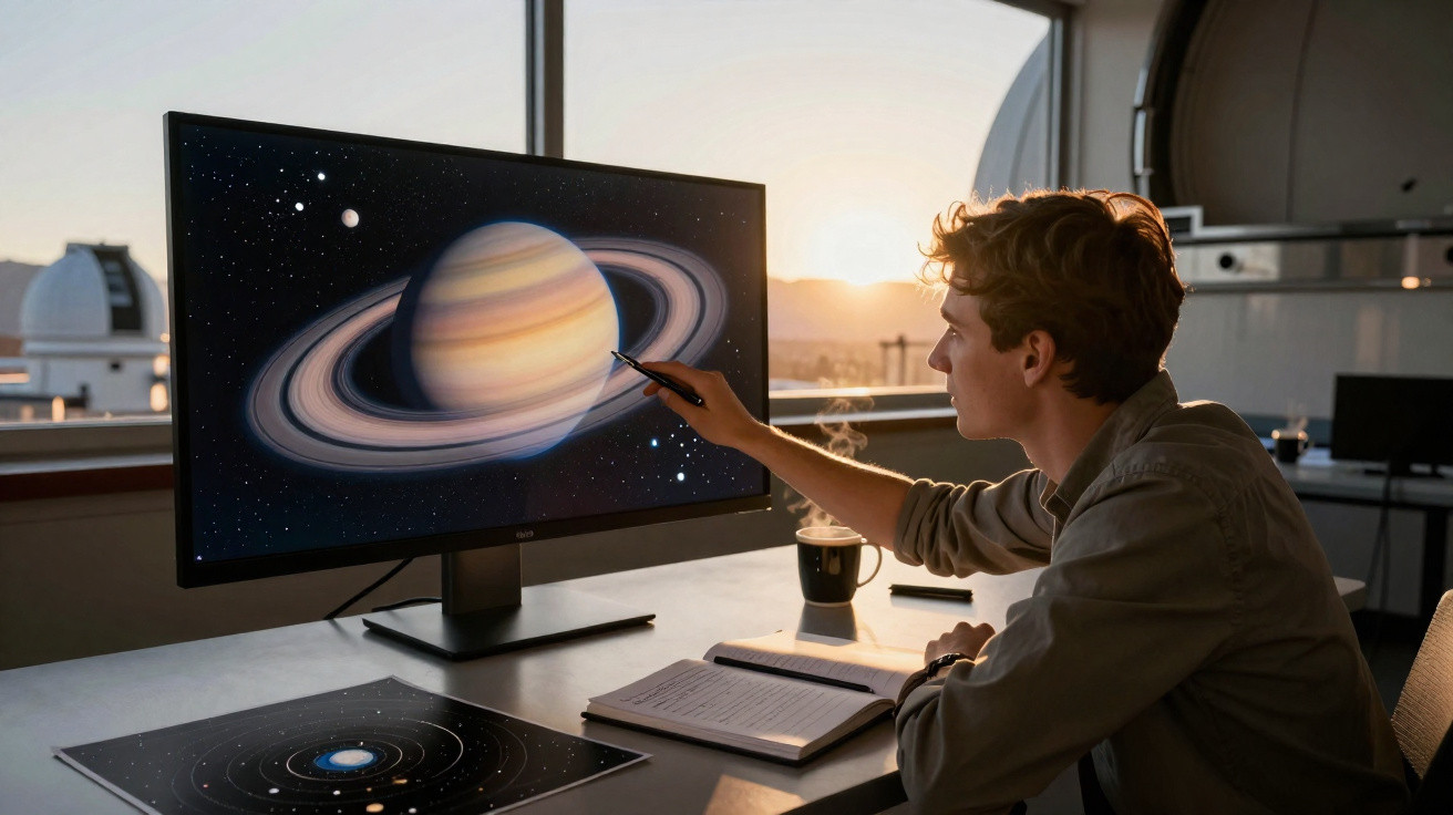 Young man pointing at a detailed image of Saturn on a computer screen in a warmly lit room.