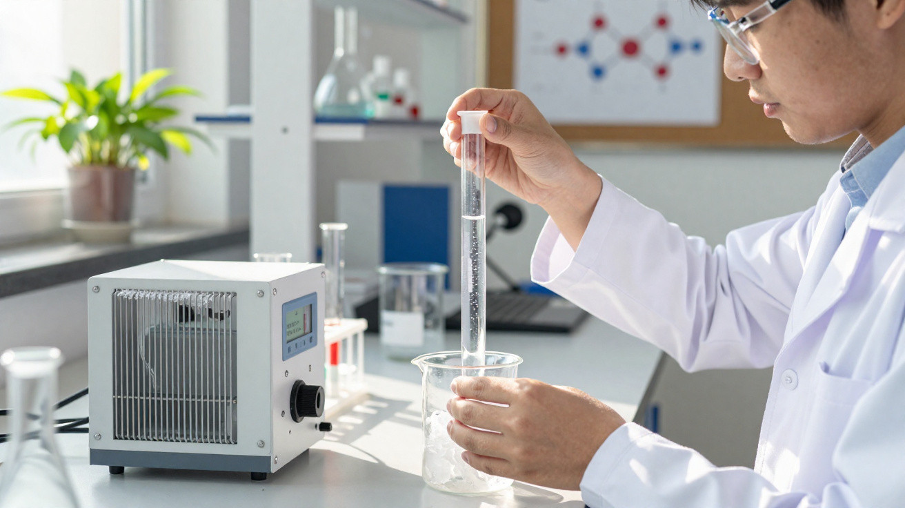 Scientist wearing safety glasses pouring liquid from a test tube into a beaker in a bright laboratory.