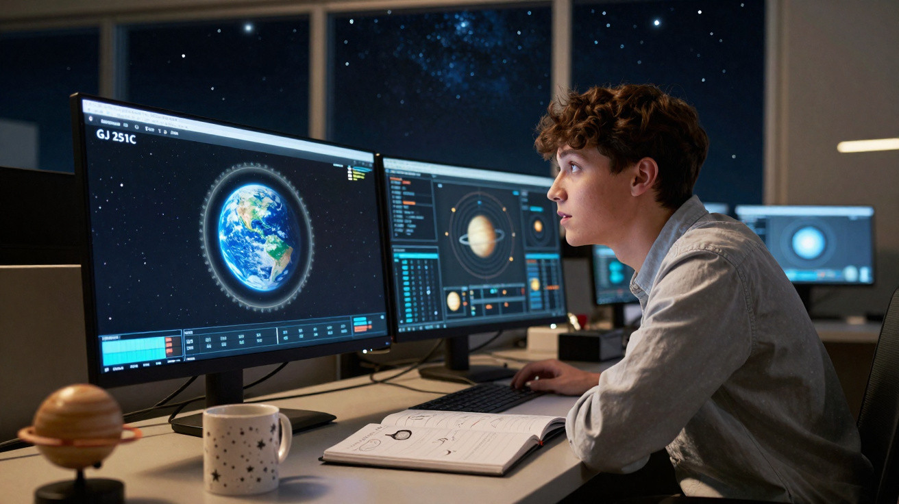 Young man studying planets and space data on dual monitors in a dimly lit room with a notebook open.