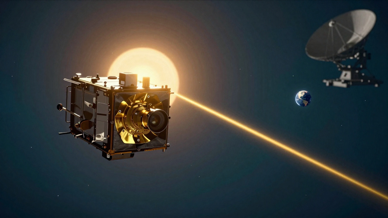 Space telescope capturing solar data with Earth and a satellite dish in the background against a dark sky.